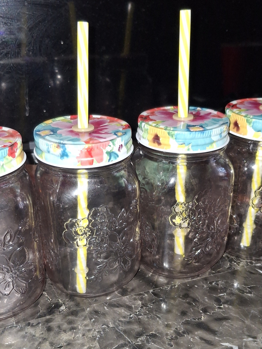 The Pioneer Woman Floral Lid Mason Jar Tumblers with Yellow Straws